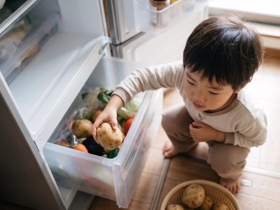 じゃがいもを冷蔵庫に入れて｜「お買い物で食育」は忙しい方にピッタリの方法 － 「食材を選ぶの手伝って」と役割を与えることで、スーパーで退屈させない方法【お家で食育コラム vol.17】